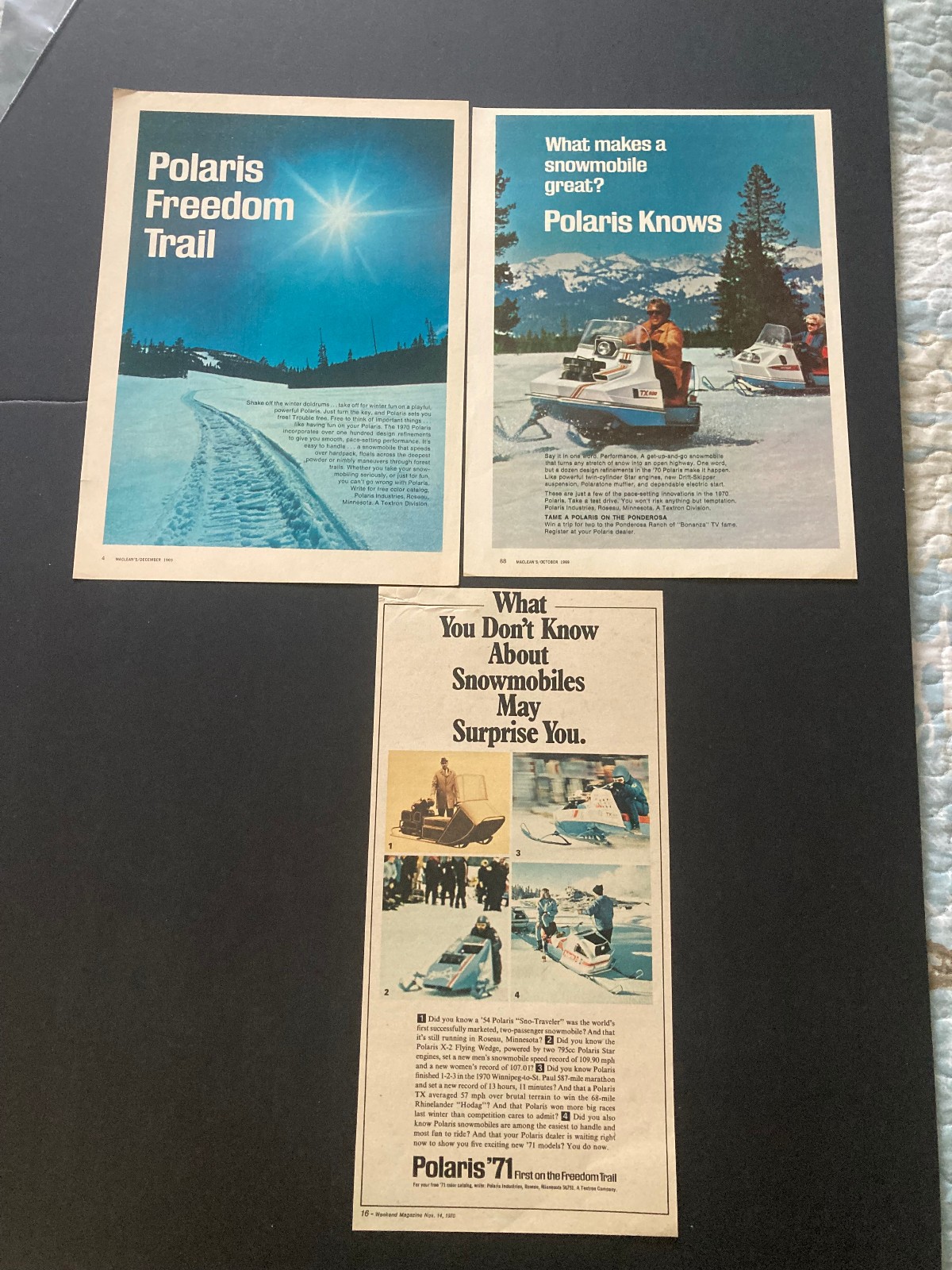 LOT 3 CANADIAN POLARIS SNOWMOBILE SKIDOO AD CANADA  1968 1969 1971