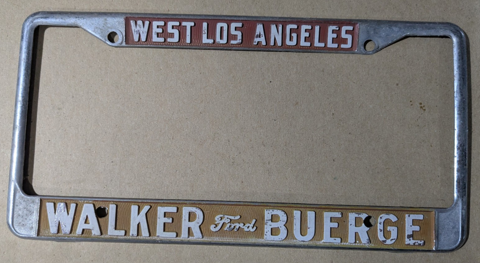 VTG Metal West LA Walker Ford Buerge Embossed Dealership License Plate Frame Gas