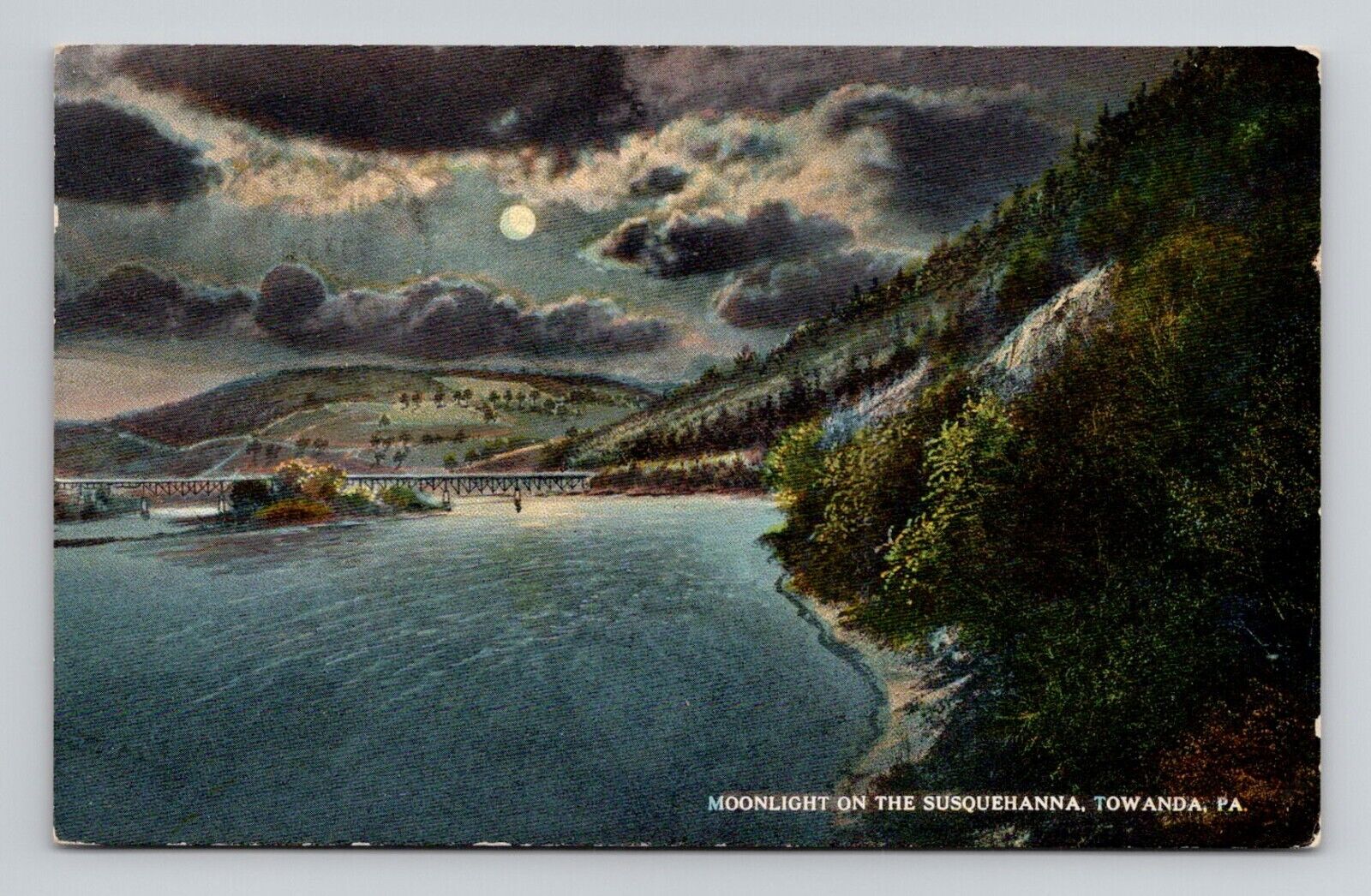 Postcard Moonlight on the Susquehanna in Towanda Pennsylvania PA, Antique L13
