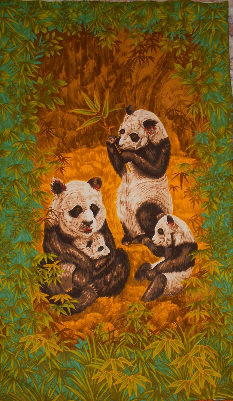 Vintage Wesco Reltex Barkcloth Fabric Panel Panda Bears Family 24\