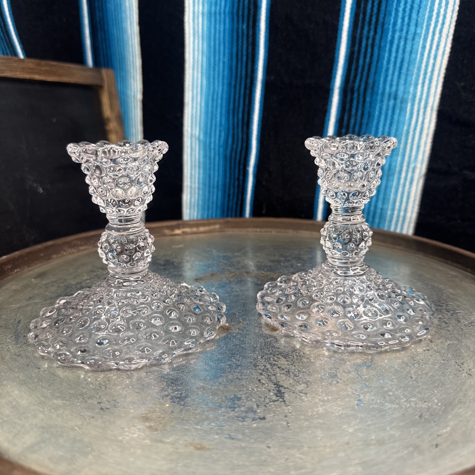 VTG Mid Century English Hobnail Glass Candlestick Holders/Stand 4”x2”x4” EUC