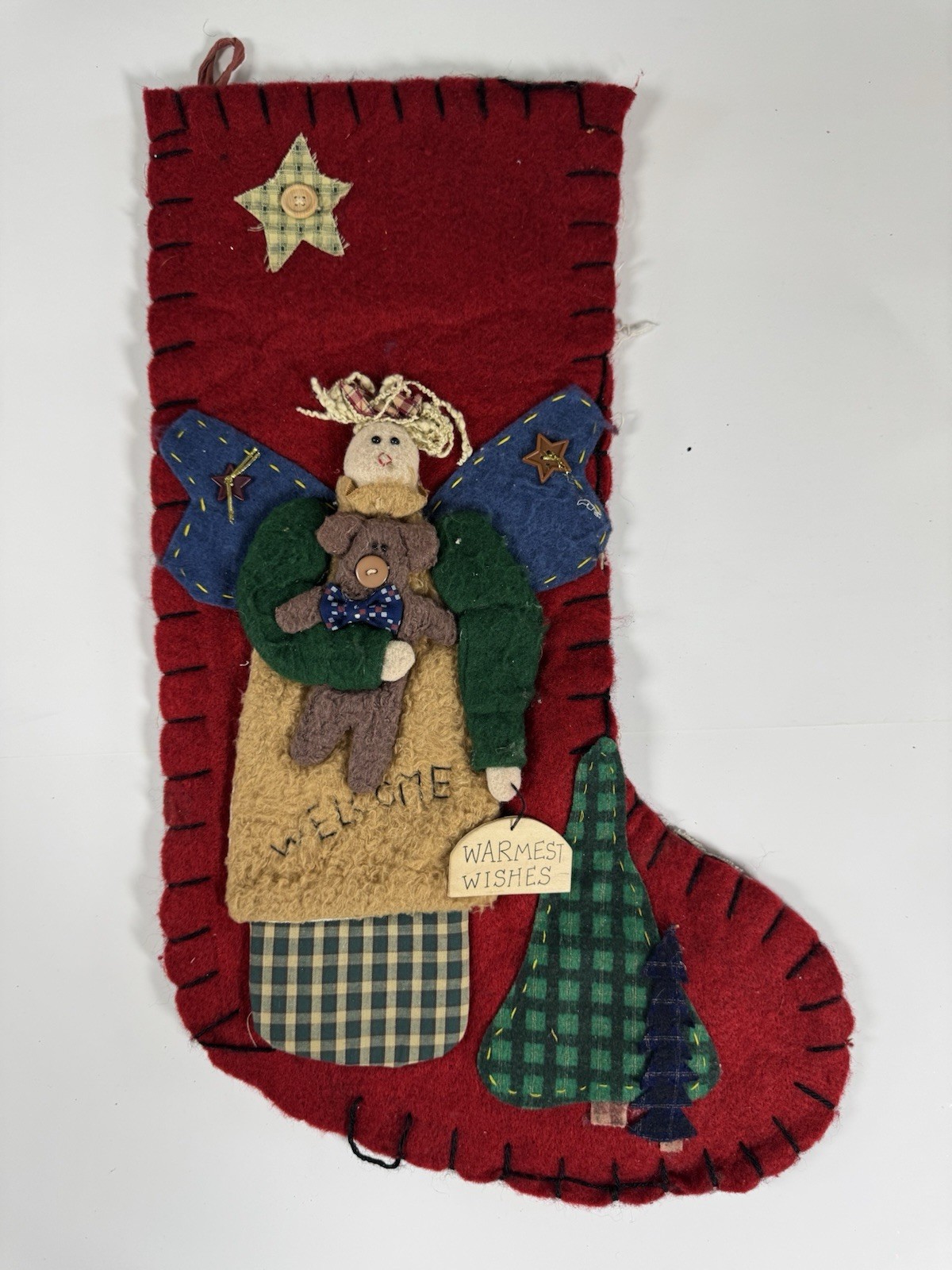 Vintage Red Primitive Penny Felt Applique Christmas Stocking Angel