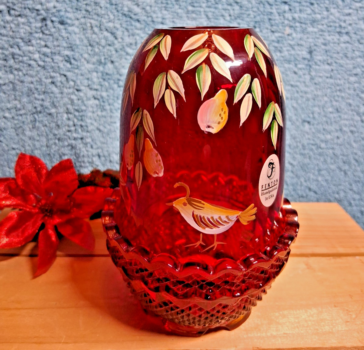 VTG. FENTON RUBY RED PARTRIDGE AND PEARS FAIRY LAMP **SIGNED,NUMBERED & GLOWS**