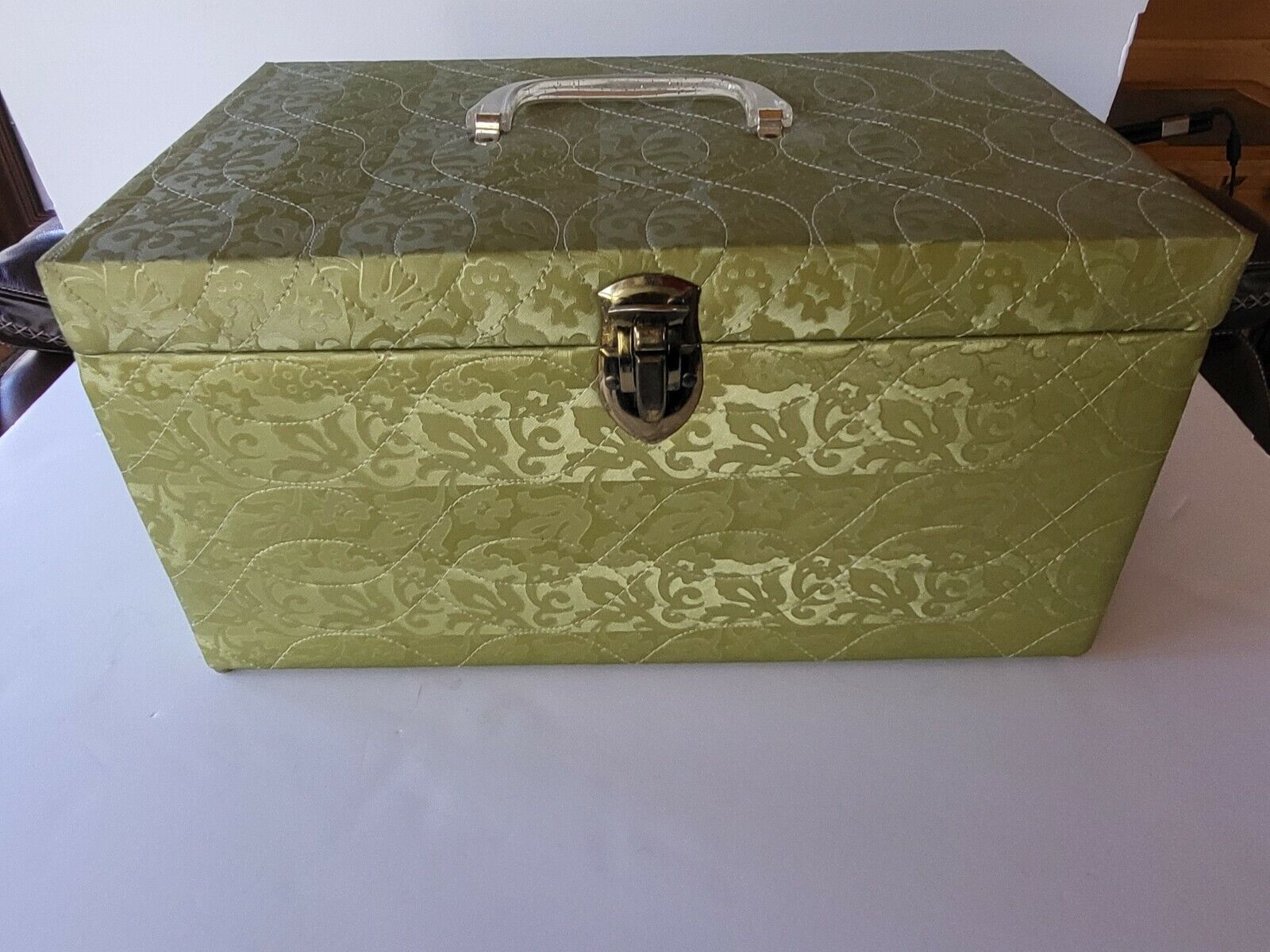 Vintage Green Sewing Basket Suitcase With Insert