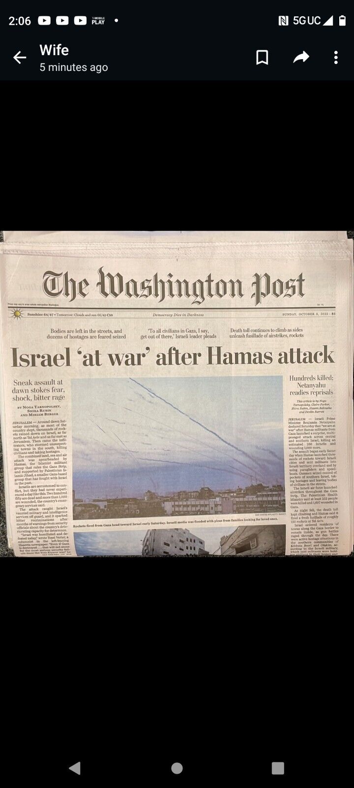 The Washington Post Sunday October 8 2023 Israel 'At War' After Hamas Attacks