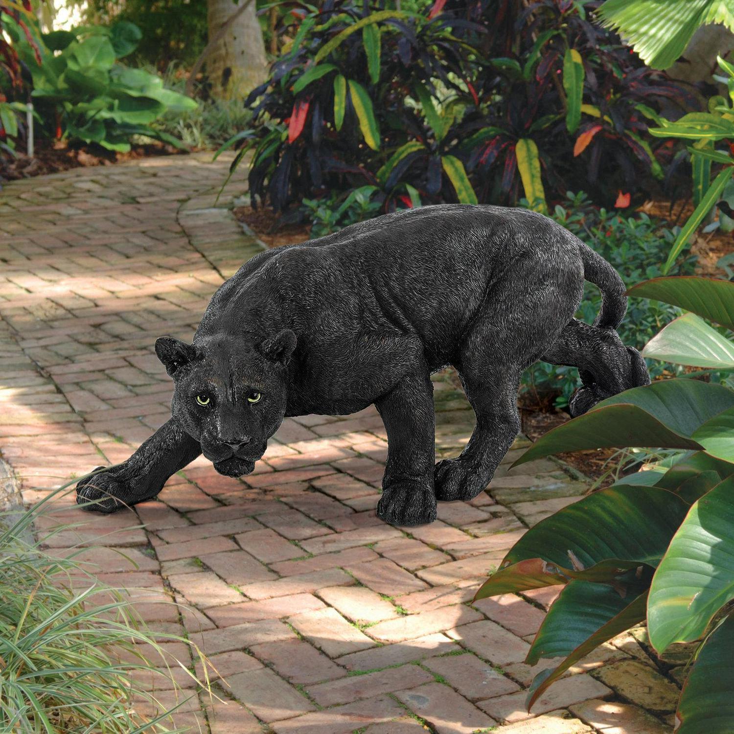 Crouching Black Panther Statue Hunting Prowling Jaguar Wildcat Sculpture Figure