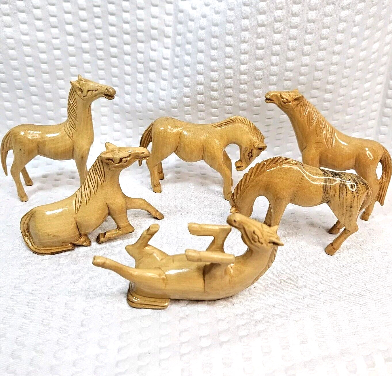 Vintage Carved Wood Horse Figurine Folk Art Set Of 6