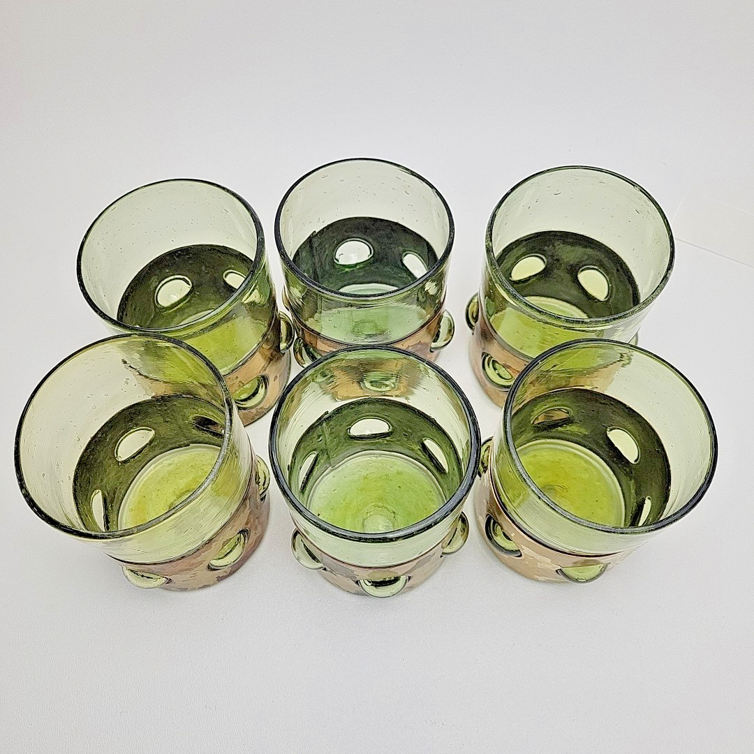 ​Vintage Mid-Century Modern Green Glass Tumbler with Ornate Gold-Tone Set Of 6