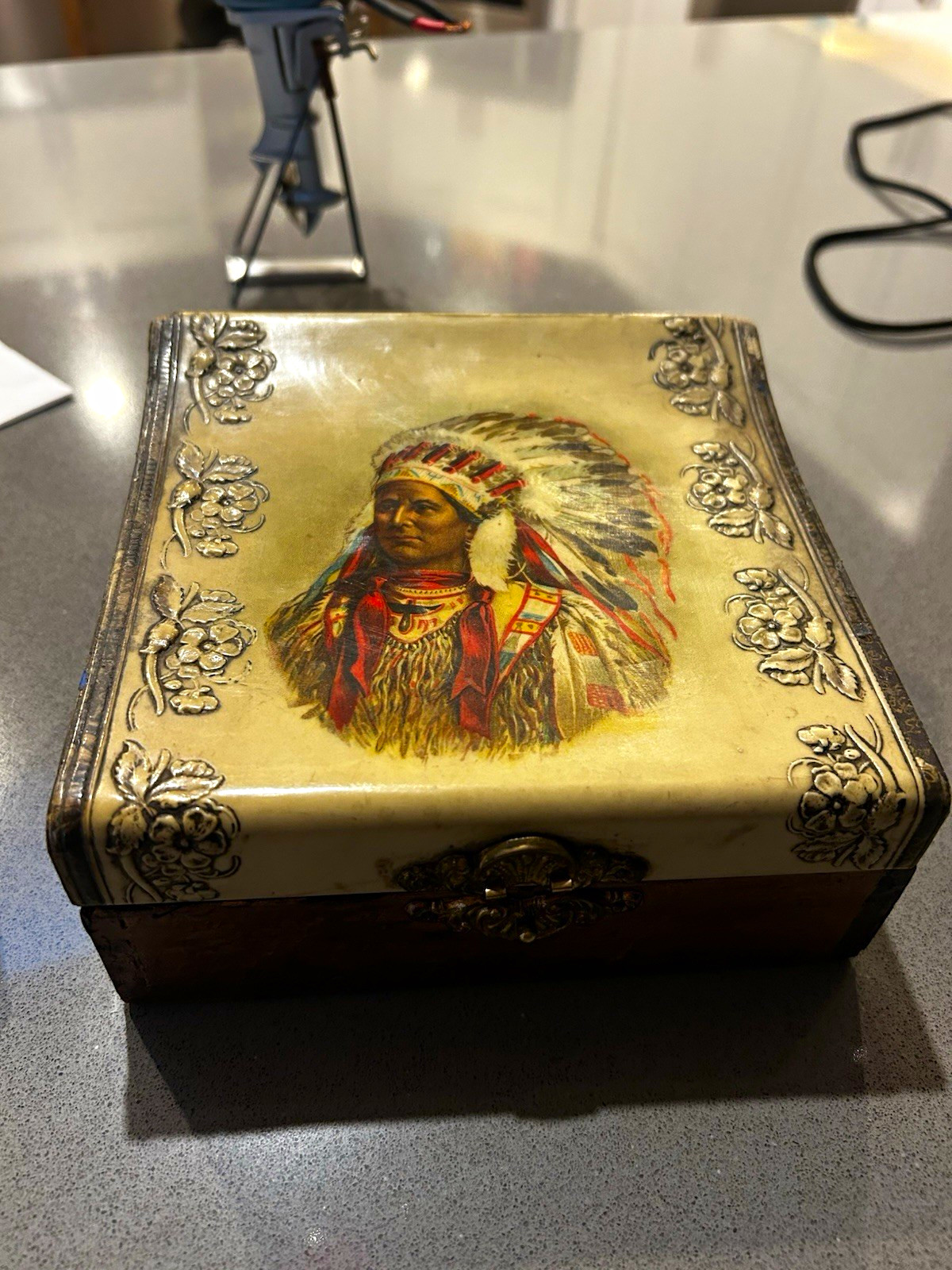 Antique Rare Original Victorian Celluloid Indian Native American Dresser Box
