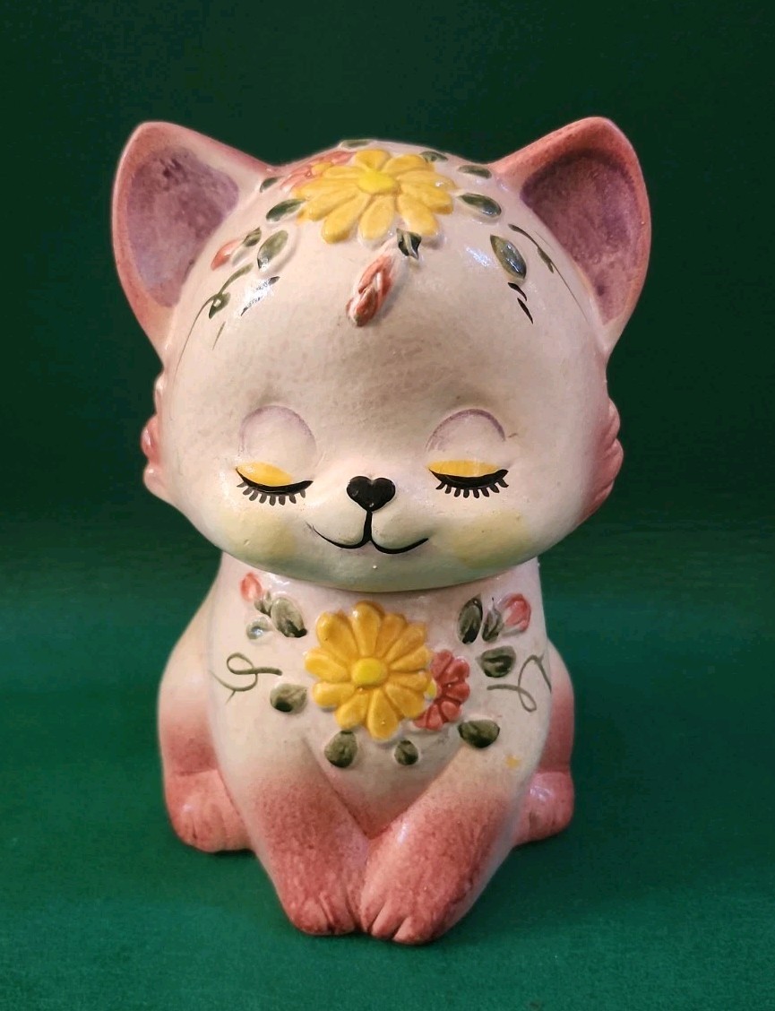Vintage Anthropomorphic Pink Cat with Floral Design Candy or Cookie Jar, RARE