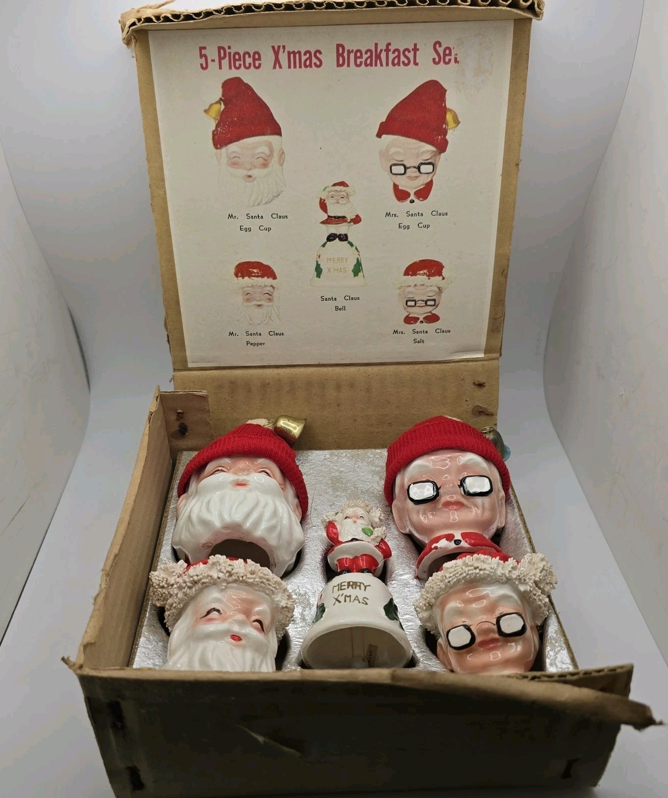 Vtg 50s Christmas Santa Claus Set Shakers Egg Cups Bell Spaghetti Trim Box Japan