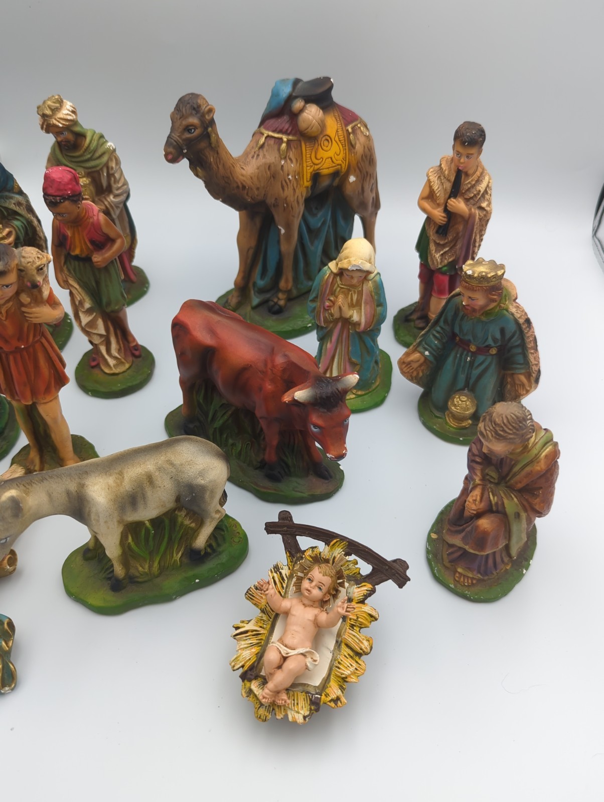Vtg Columbia Statuary CS Chalkware Nativity Set Lot 14pc Large Plaster Creche