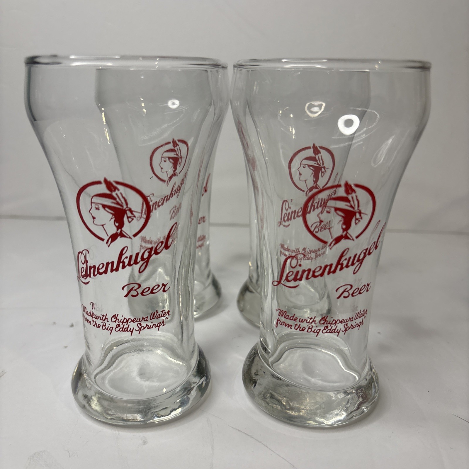Vintage Leinenkugels Beer Glasses Set Of 4 Red Native Maiden Logo Script 5” Tall