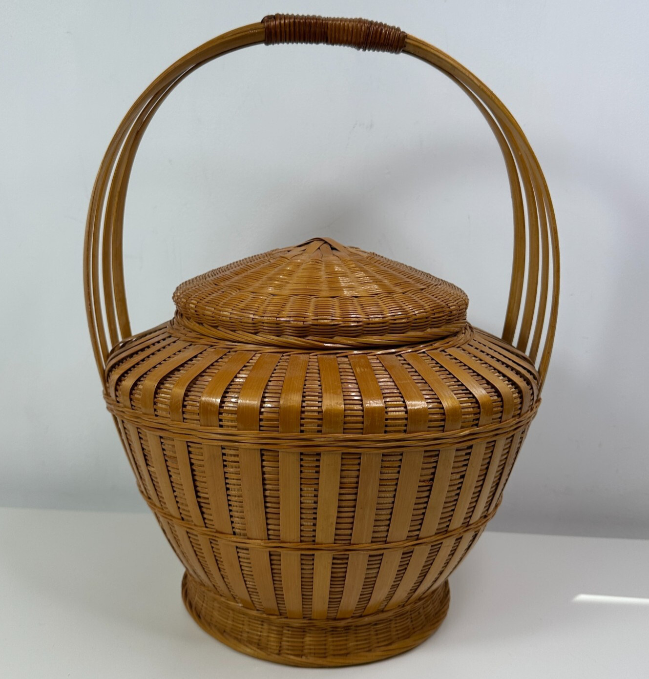 VTG Large 70S Style 14 X 11 Natural Wicker Basket Lid Handle Snake Charmer Woven