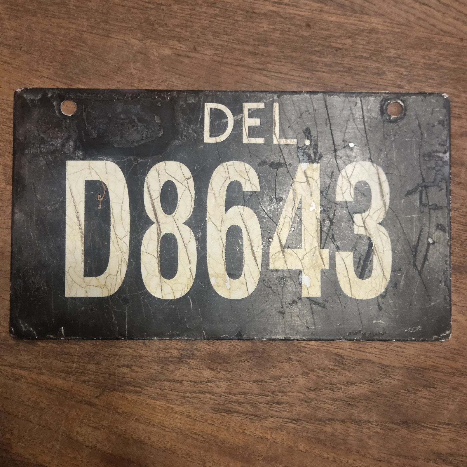 Vintage Delaware Porcelain Dealer License Plate Pre-1947 Black 4 Digit Tag D8643