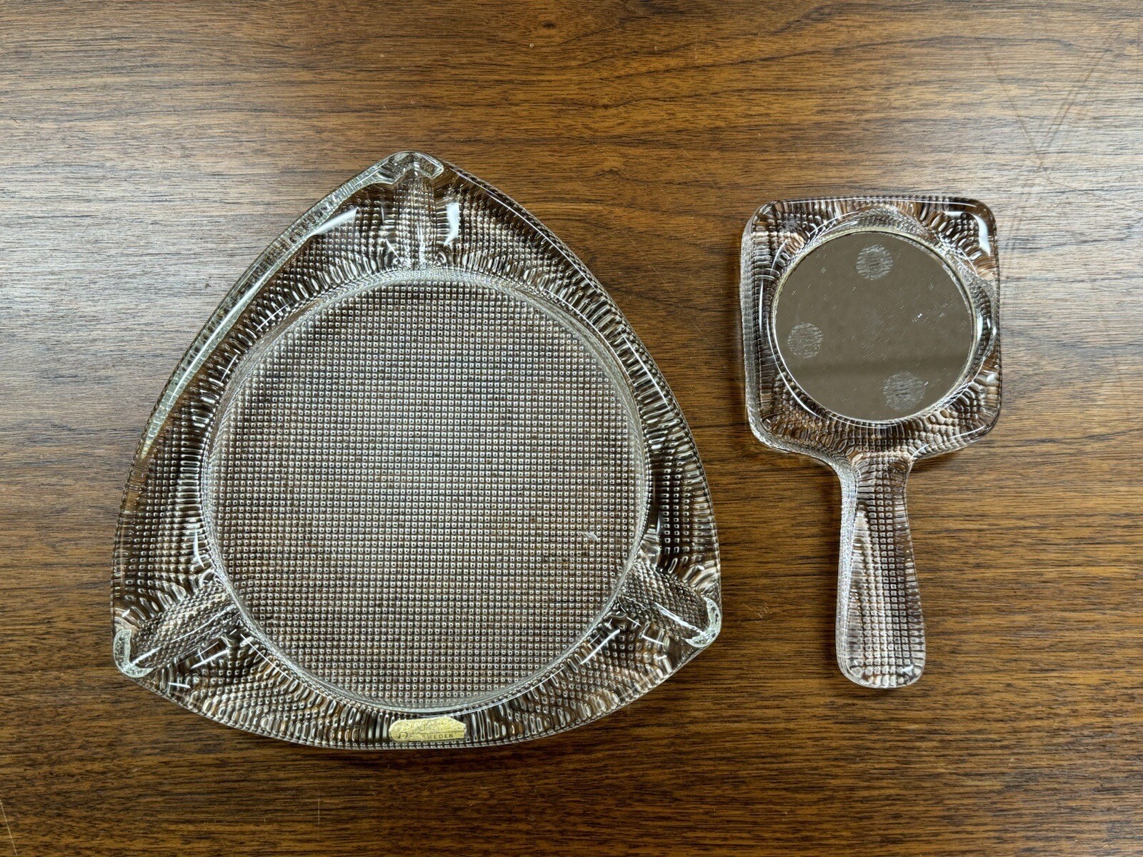 Vintage Mid Century Pukeberg Sweden Glass Hand Mirror and Ashtray Set
