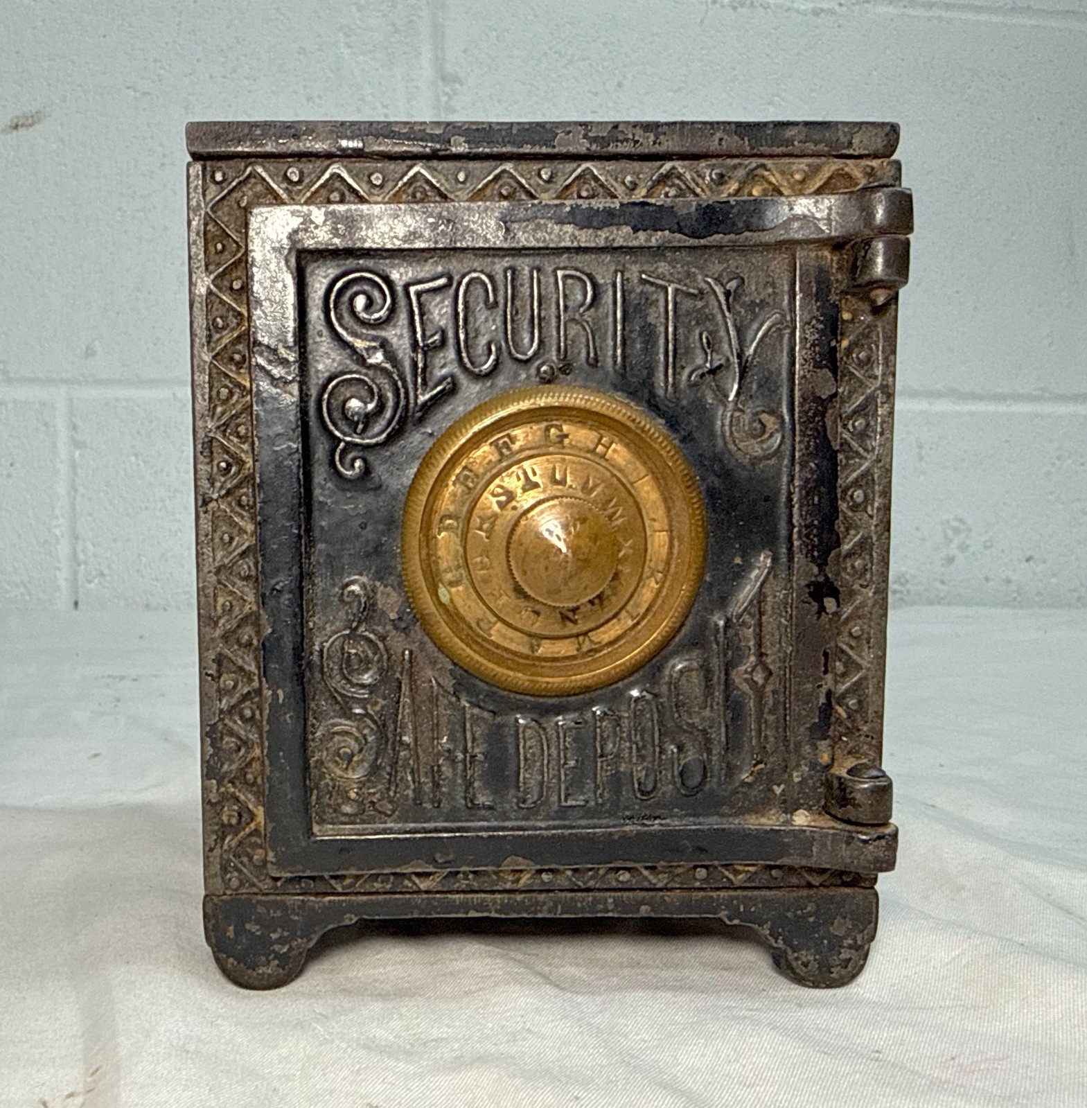 Rare Antique 1888 Cast Iron brass Security Safe Deposit lockable Still Bank