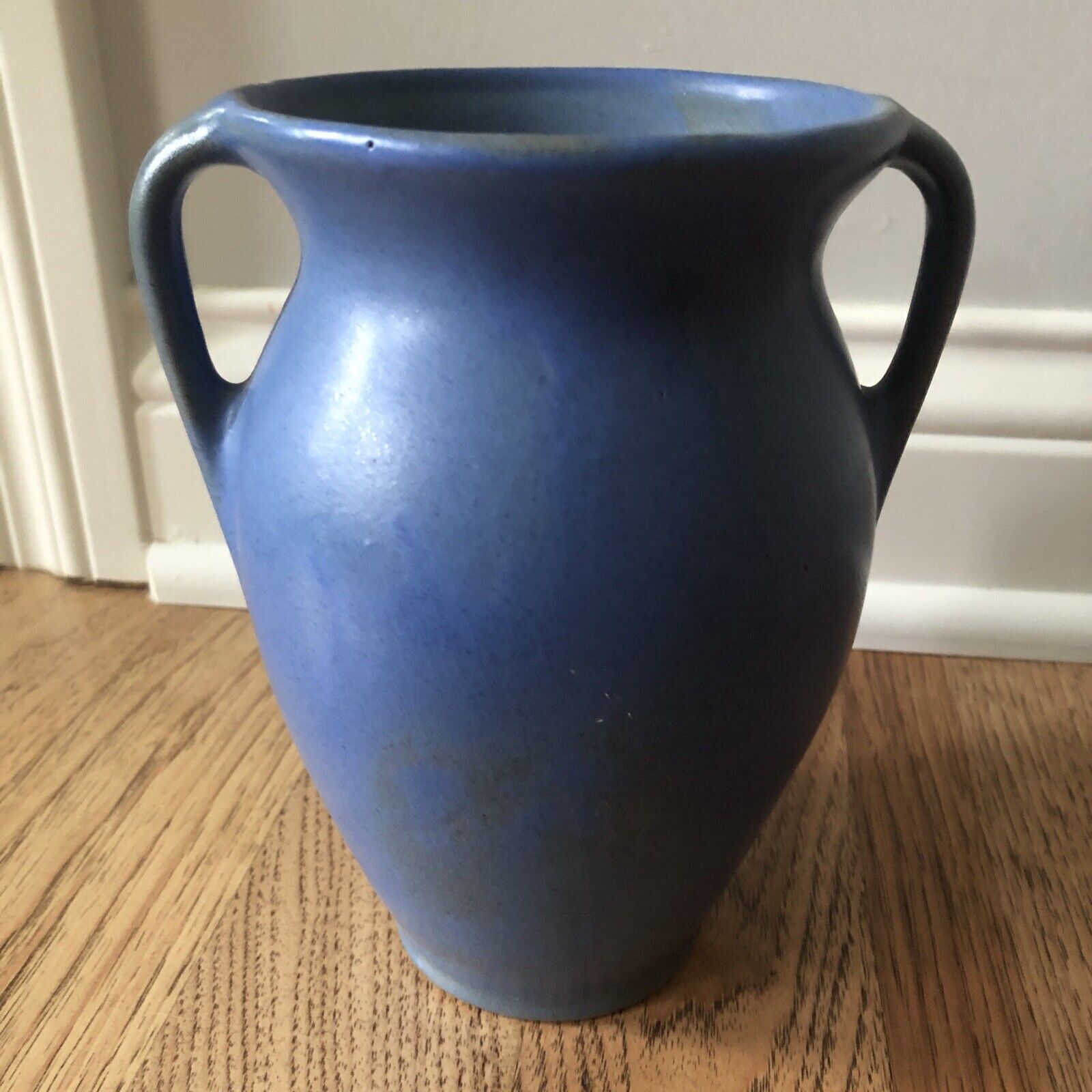 Antique Niloak Pottery Matte Glazed Peacock Blue Double Handled Vase 7”