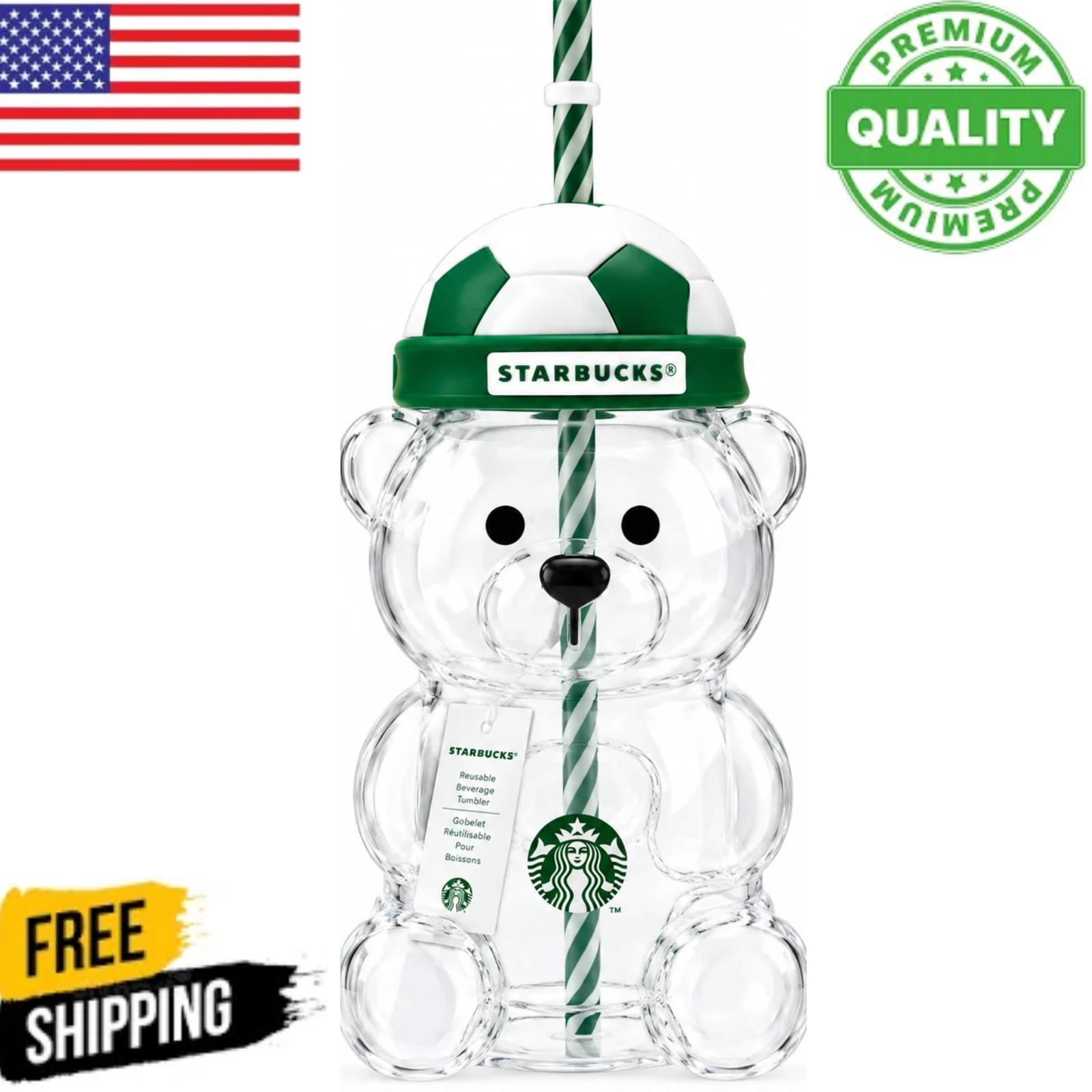 New Starbucks 2026 Bearista Bear 20oz Glass Straw Cup with Football Cap Lid