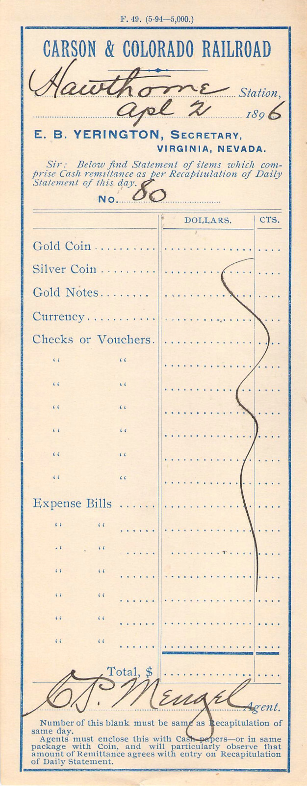 1896 CARSON & COLORADO RAILROAD RAILWAY HAWTHORNE STATION NO RECEIPTS
