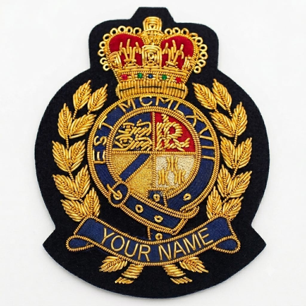 Custom Name Vintage Bullion Wire Hand Embroidered Crest, Blazer Badge with name