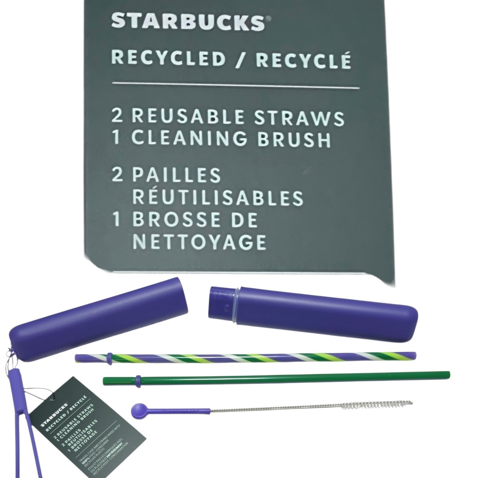 Starbucks 2 Reusable Straw 1 Cleaning Brush & Travel Case W/ Strap Purple Green
