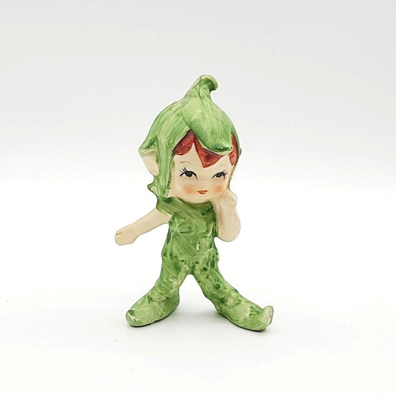 Vintage Lefton Green Pixie Elf Ceramic Figurine Hand Painted Japan 4\
