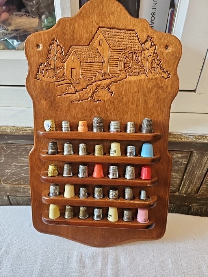 Vtg Wooden 35 Ct. Thimble Holder Water Mill Motif Wall Hanger Thimbles Included
