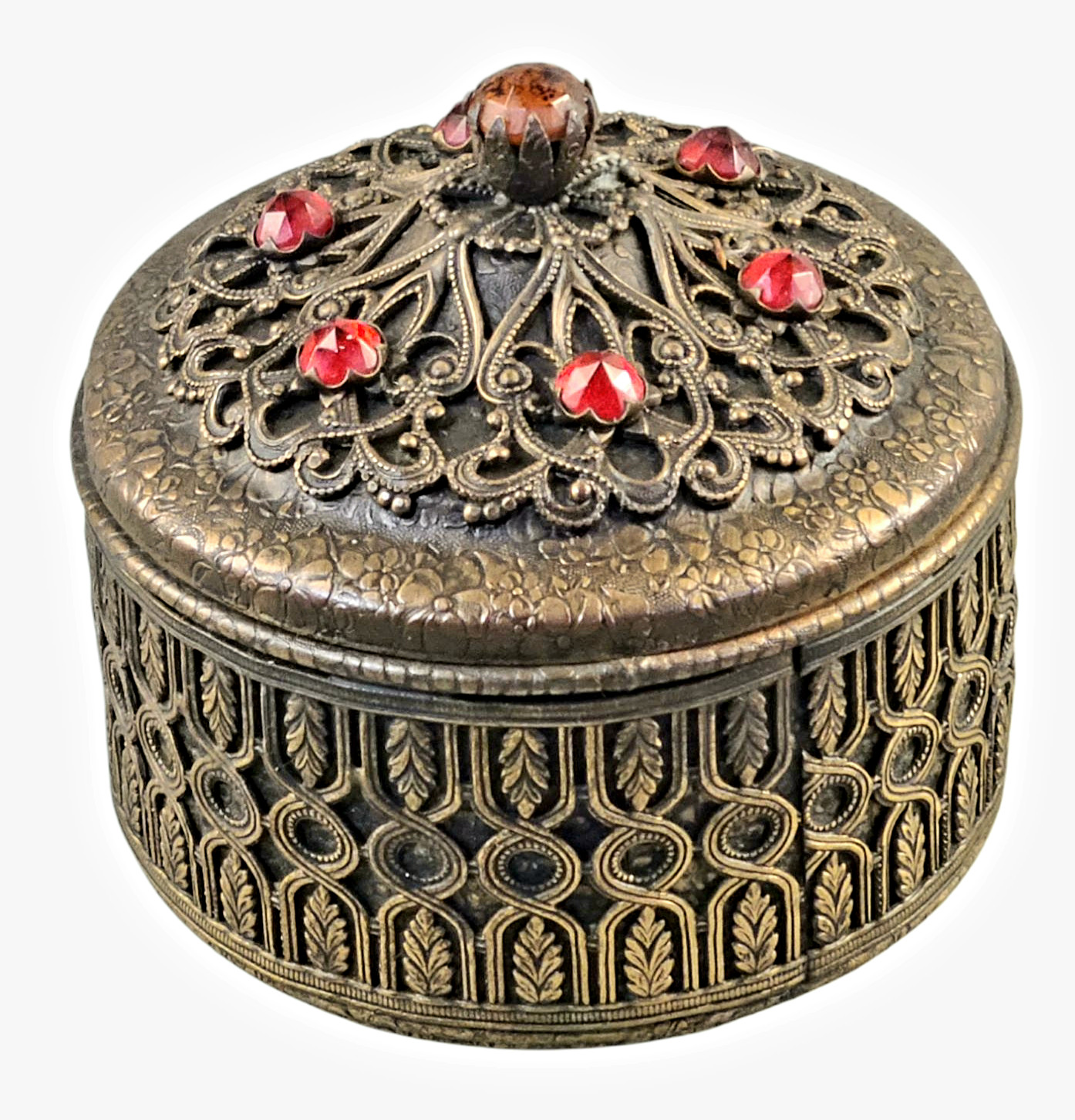 Antique Ornate 1920s Filigree Jeweled Covered Box Vanity Trinket Holder
