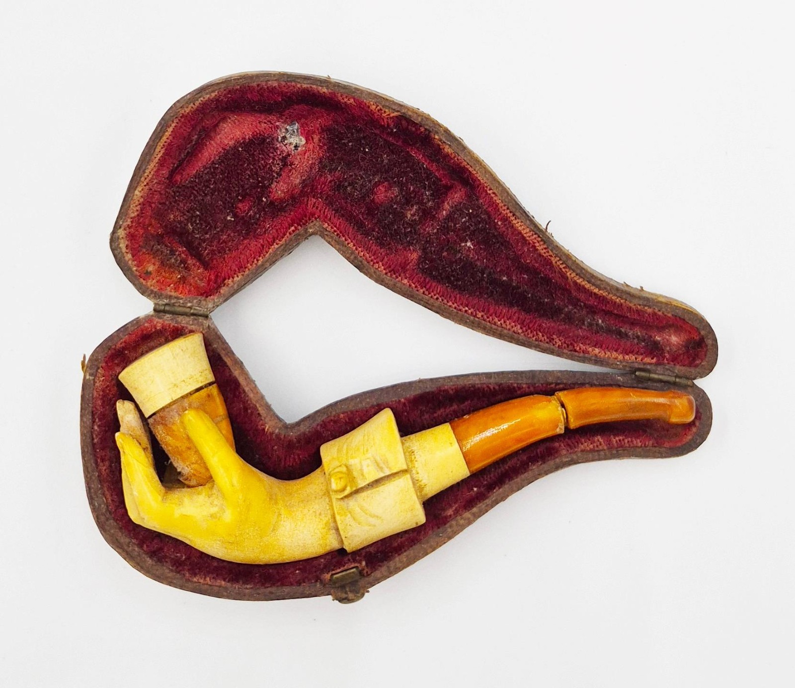 VICTORIAN CARVED MEERSCHAUM HAND CASED CHEROOT PIPE c1890 VICTORIAN CARVED MEERSCHAUM HAND CASED CHEROOT PIPE c1890