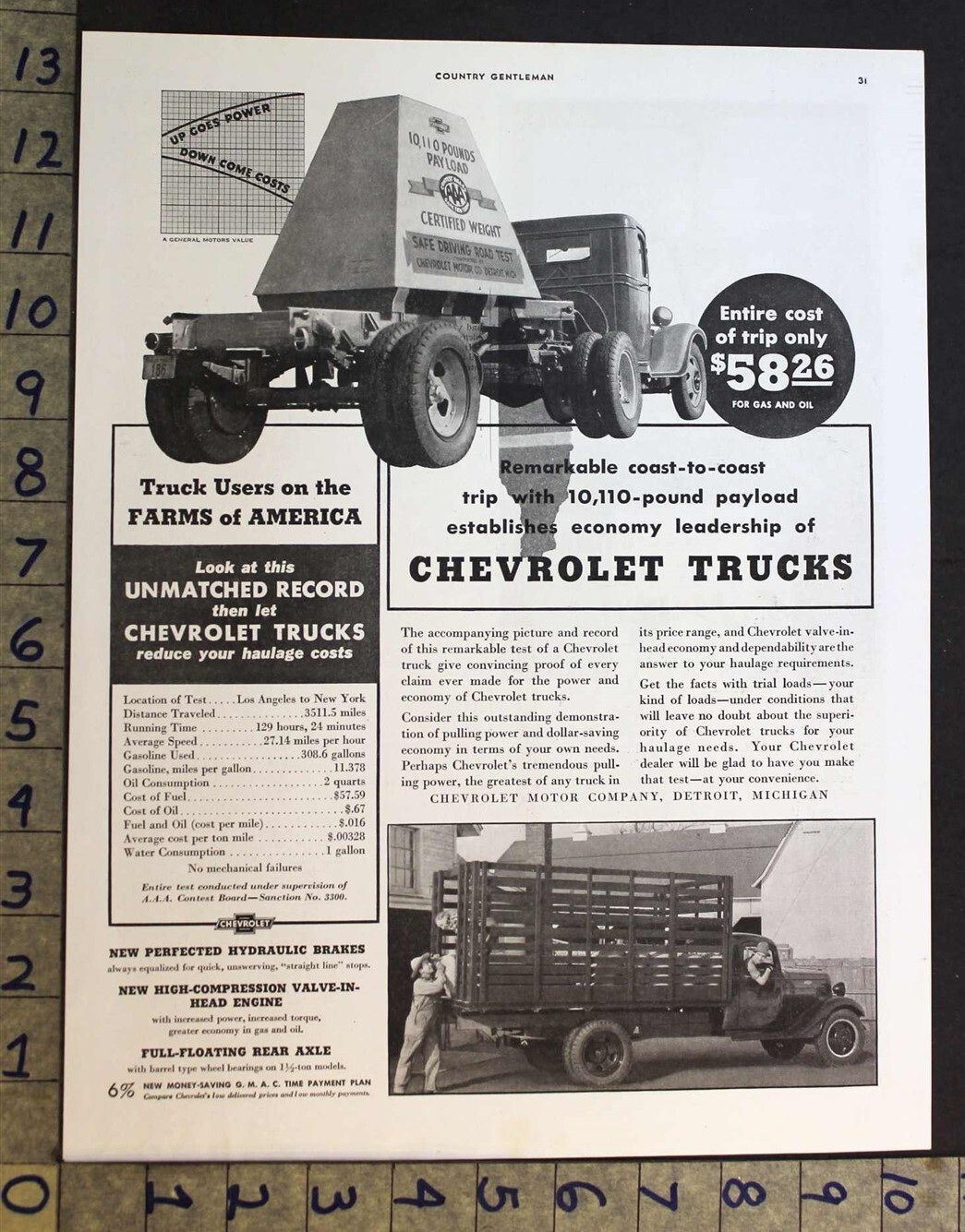 1936 CHEVROLET PAYLOAD WEIGHT SAFE DRIVING TEST STAKE DELIVERY TRUCK AD 35527