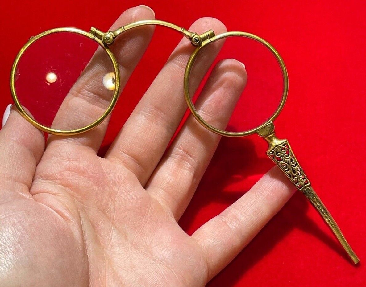 Victorian 1800 Golden Brass Folding Opera Magnifying Glasses Binoculars Filigree