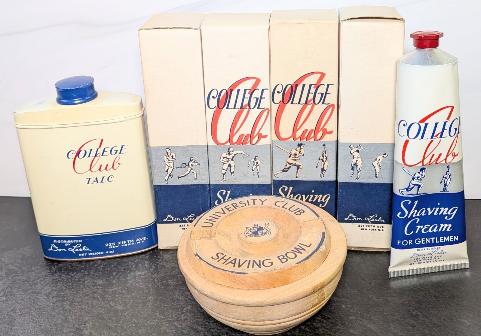 Vintage 1940s College Club Shaving Cream Set NOS Talc Tin University Bowl Lot