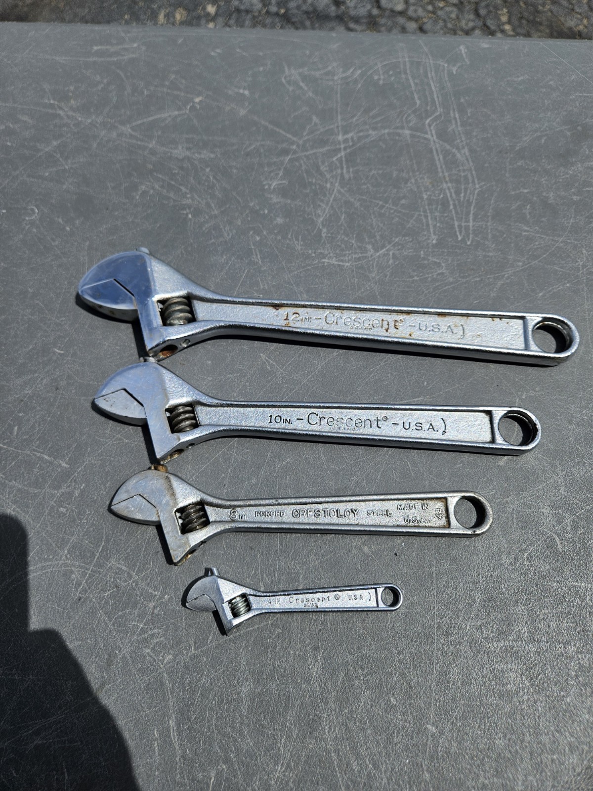 4 Crescent Adjustable Wrenches USA 4,8,10 & 12 In. Crestoloy Different Ages
