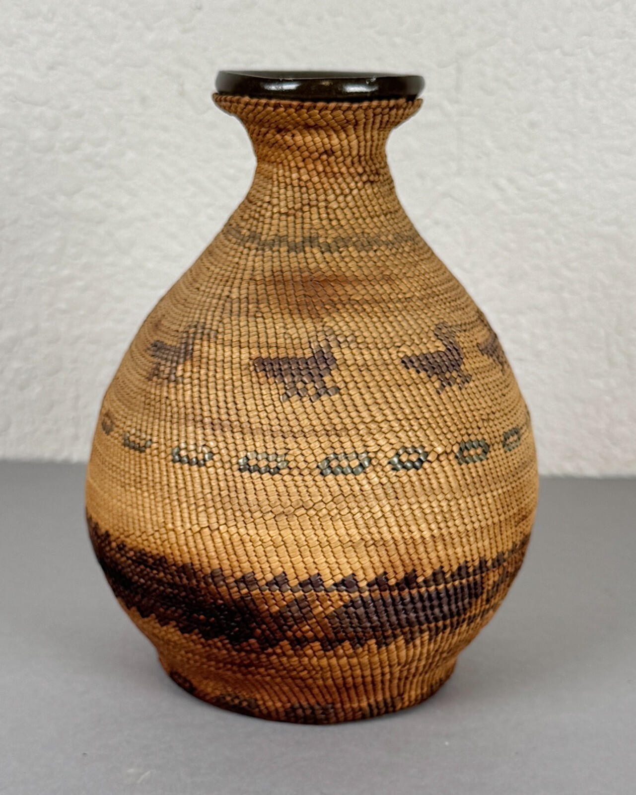 Antique Nootka Native American Basket on Chinese Stoneware Brandy Bottle 19th C.