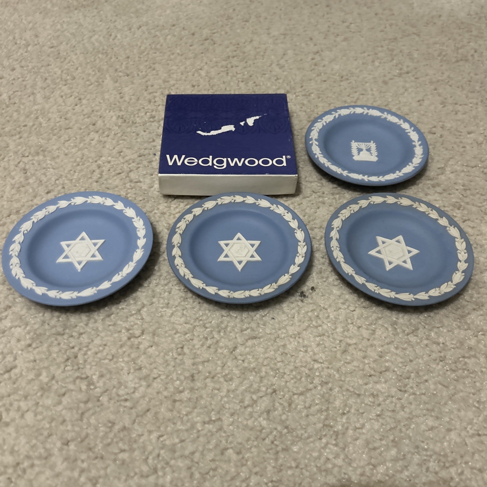 Wedgwood Made England Blue Jasperware Jewish Star Of David  Menorah Trinket Dish