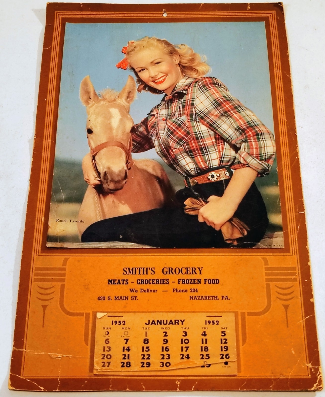 VTG Advertising 1952 Calendar Pinup Cowgirl 15x30 Calendar Poster Nazareth, PA