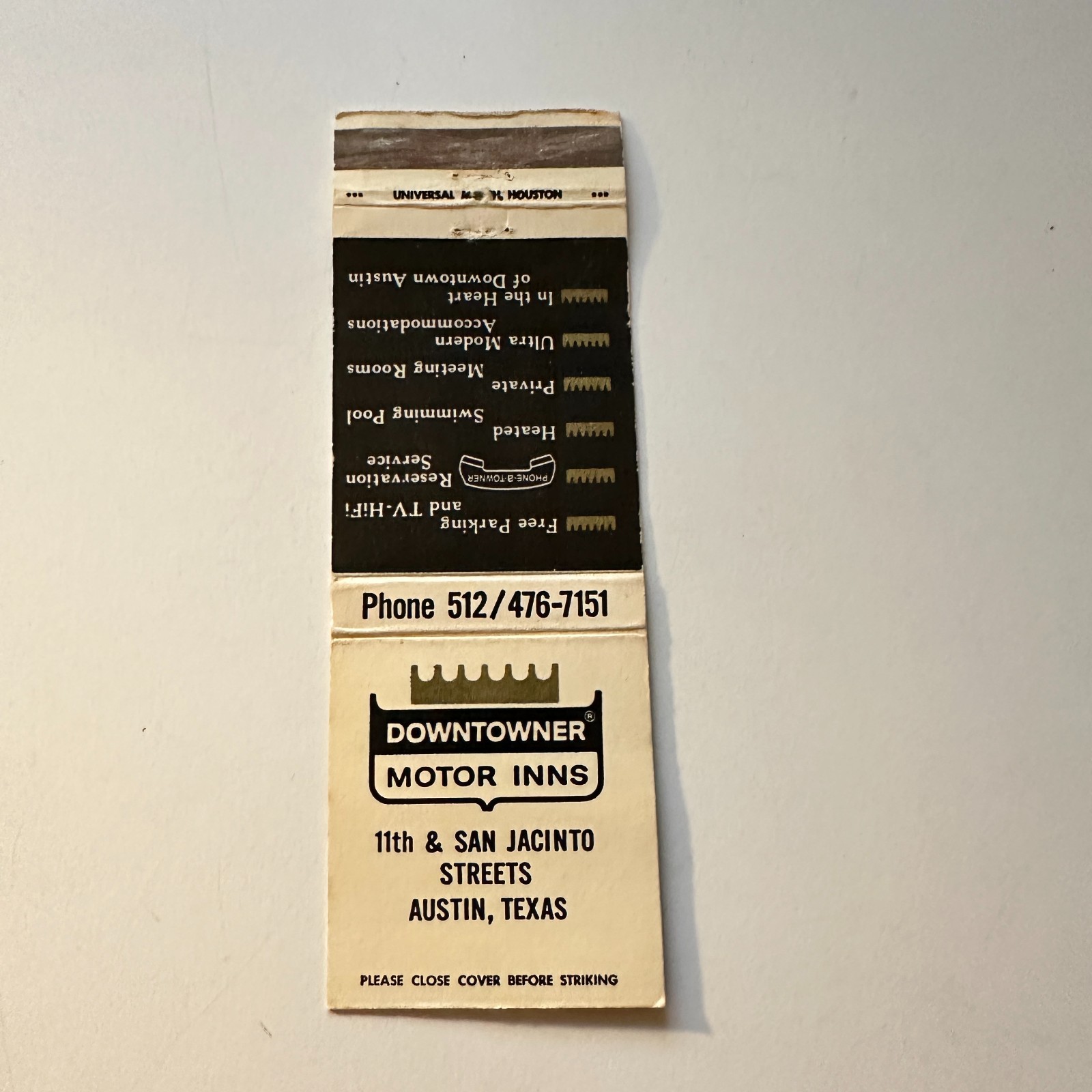Downtowner Motor Inns Austin TX Vintage Matchbook Cover 5MB124-6