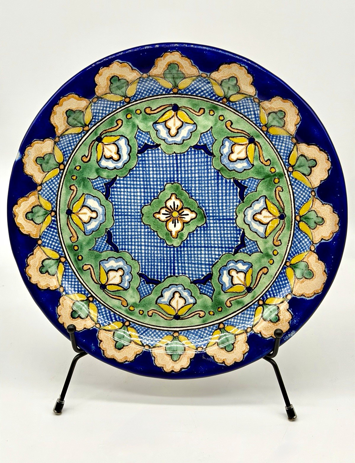 Rare Vintage Uriarte Talavera Mexican Pottery Hand Painted Blue Floral Plate