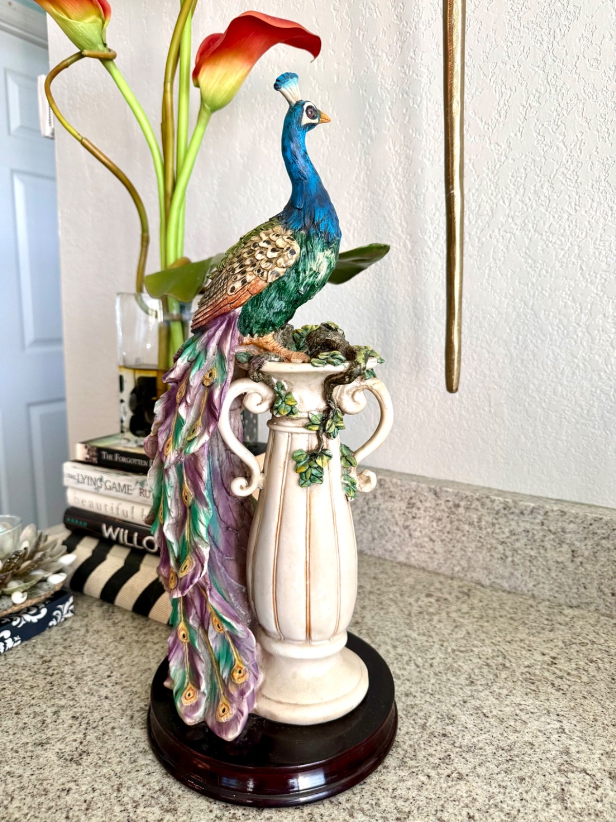 The Crosa Collection Peacocks Sanctuary Statute Art Blue Green Wood Pedestal
