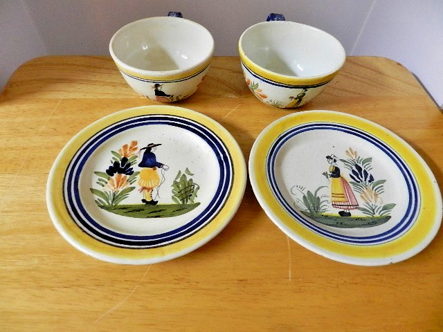 2 Henriot QUIMPER Oversize Cup & Saucer Sets France Benton  Man & Lady