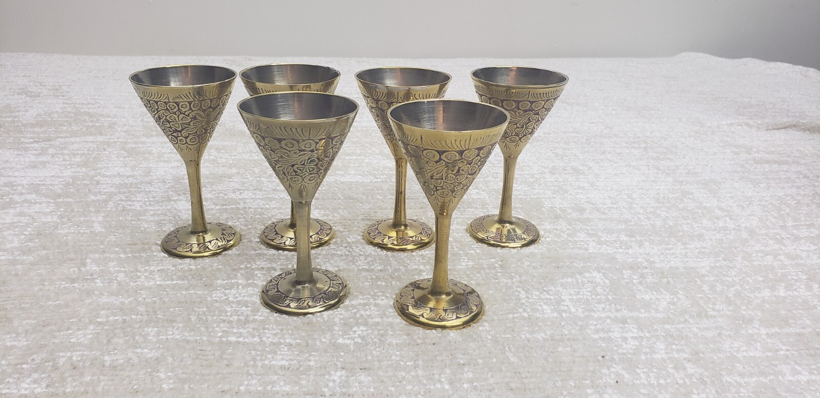 4 Vintage Small Solid Etched Brass Wine Goblets/Whiskey Cups