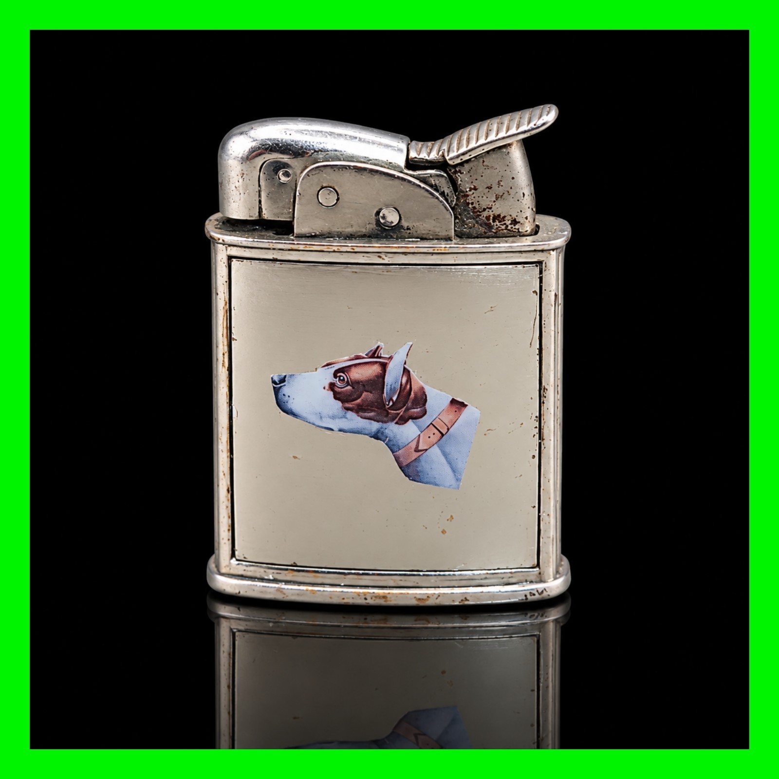 Vintage Bull Terrier Portrait Panel Evans Petrol Lighter - In Working Condition 