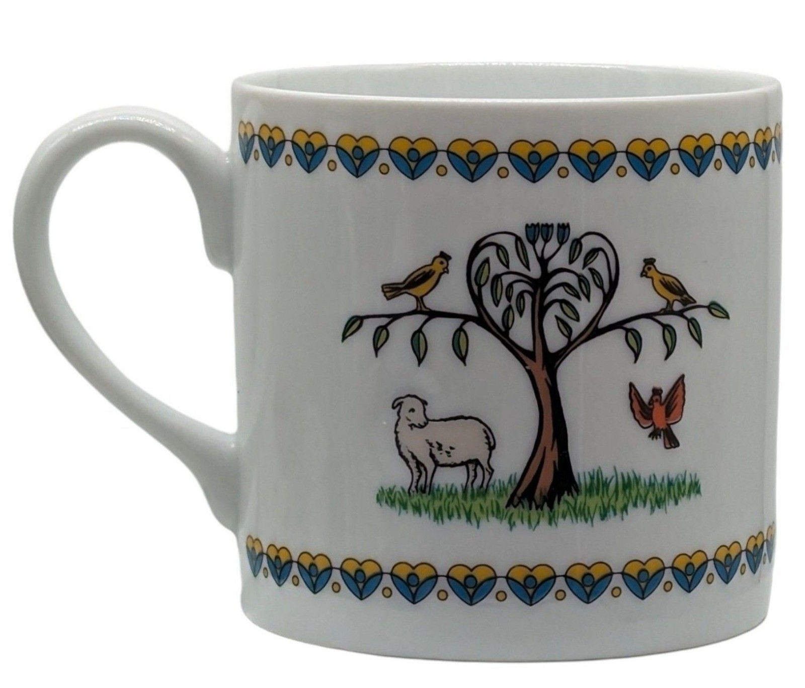 Vintage Gevalia Kaffe Swedish Spring Mug Folk Art Cottage Heart Tree Lamb READ
