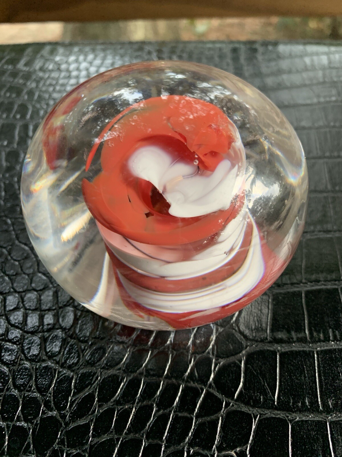 Vintage Paperweight Art Glass Red White Swirl Clear Round Handmade Unsigned