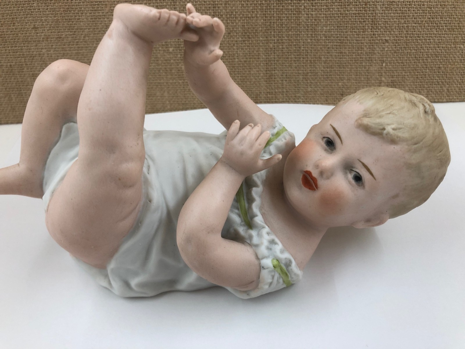 Antique Gebruder Heuback German Porcelain Bisque Piano Baby on Back, 8\