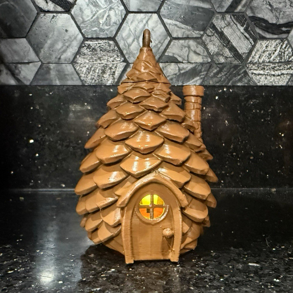 Fairy Pinecone Cottage House Figurine Decor with Chimney - Fantasy Theme
