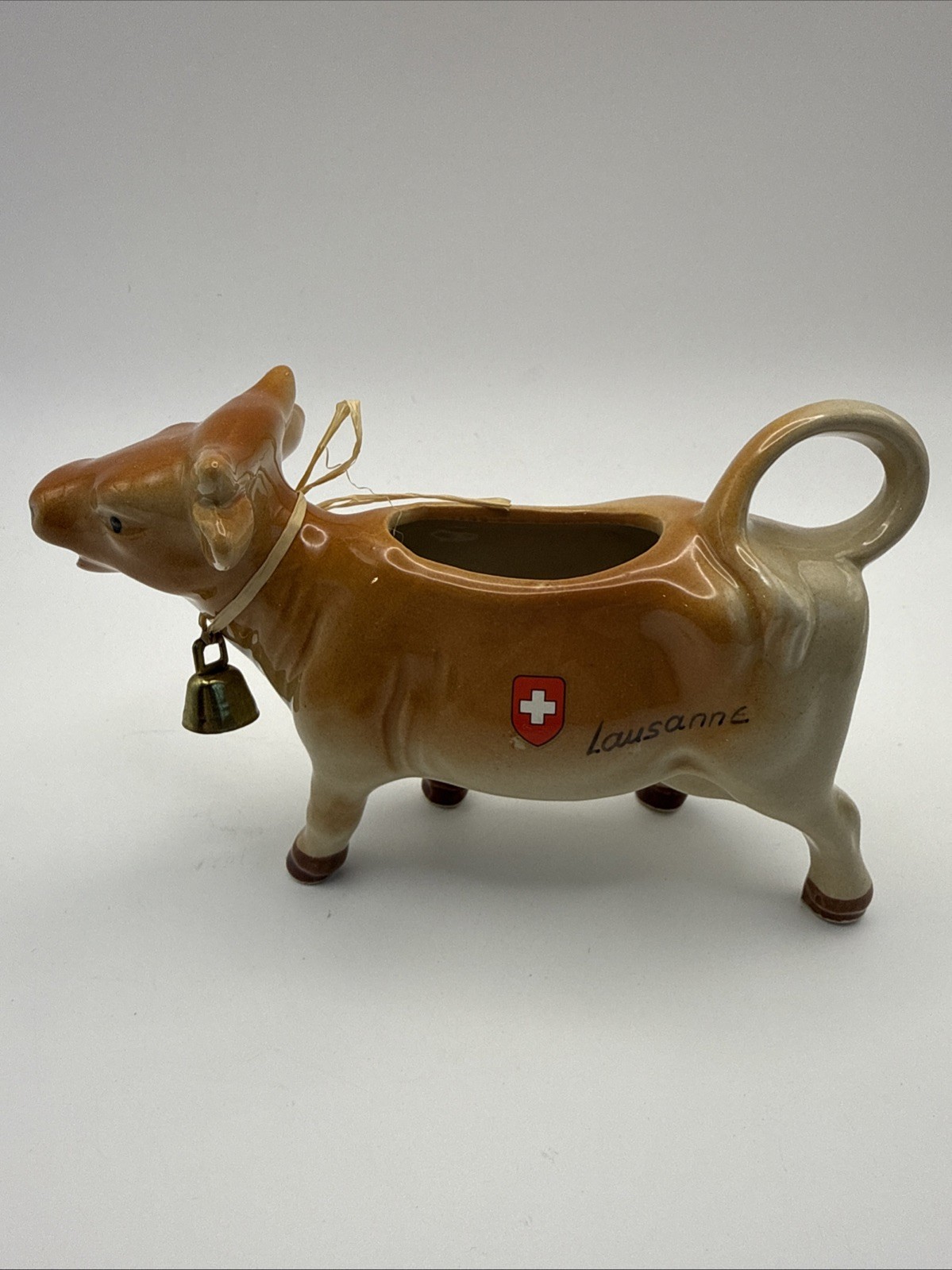 Vintage Lausanne Switzerland Souvenir Cow Creamer Porcelain Bell Pitcher