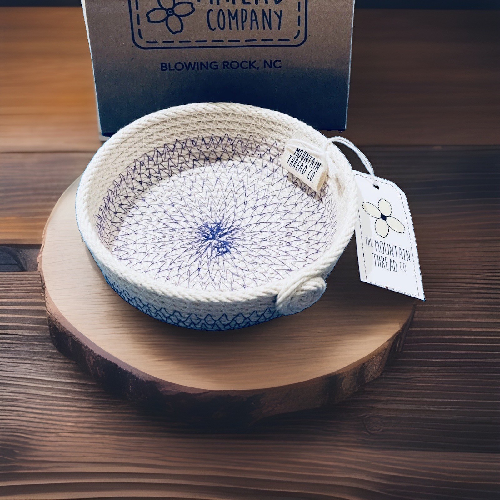 New Shallow Embroidered Purple Stitch Trinket Basket Crafted USA
