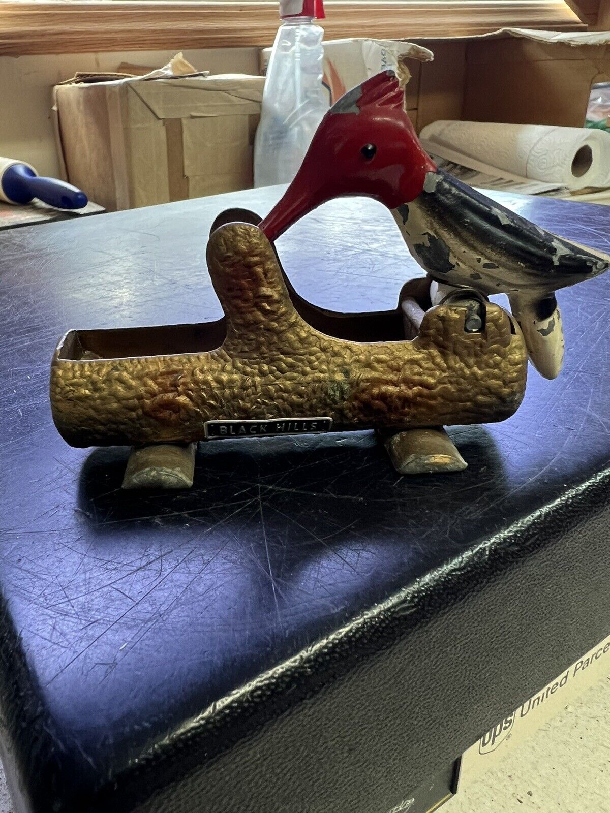 Vintage Metal Brass Woodpecker On Log Toothpick Holder Dispenser Grabber 